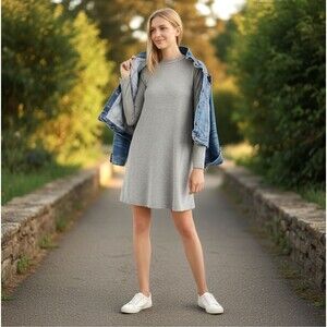 J. Crew Mock Neck Jersey Dress Women's Large Long Sleeves Gray Stretch Pockets